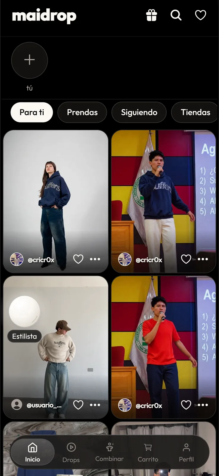 El inicio de Maidrop: una cuadrícula de publicaciones reales con los filtros Para ti, Prendas, Siguiendo y Tiendas