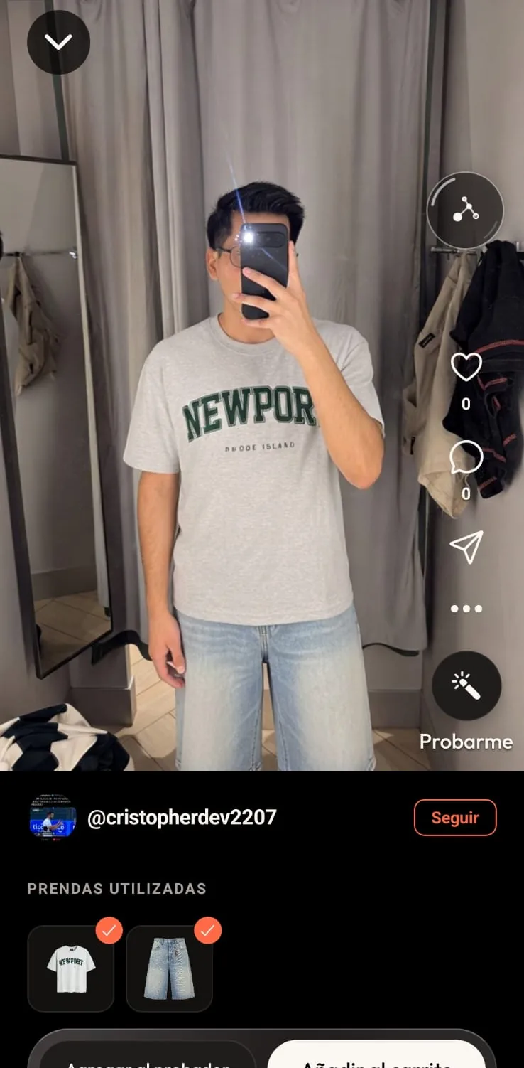 Una prenda de tienda puesta por alguien de la comunidad, con la ficha del producto enganchada